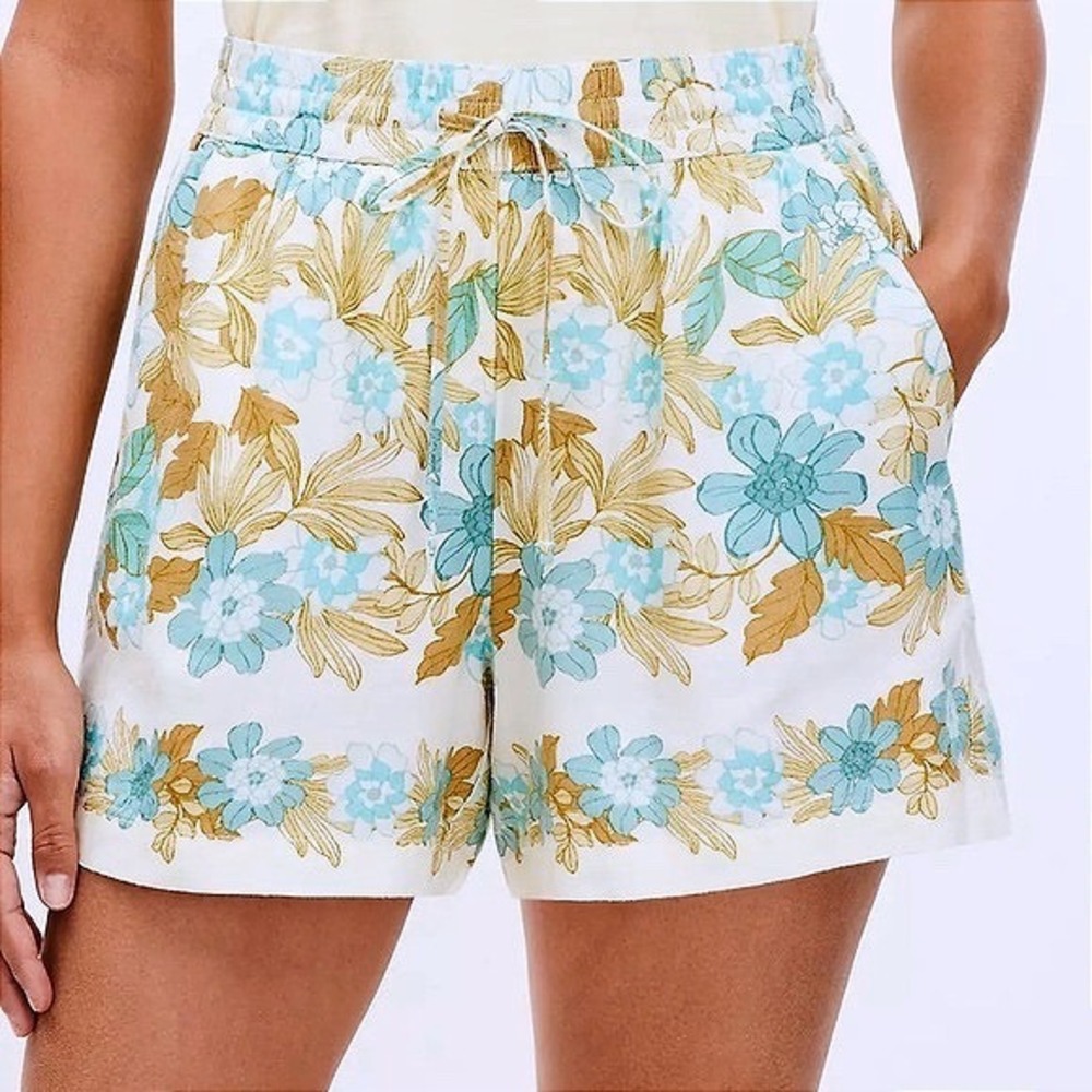 LOFT Floral Linen Blend Shorts Teal Green White Small Coastal Summer
